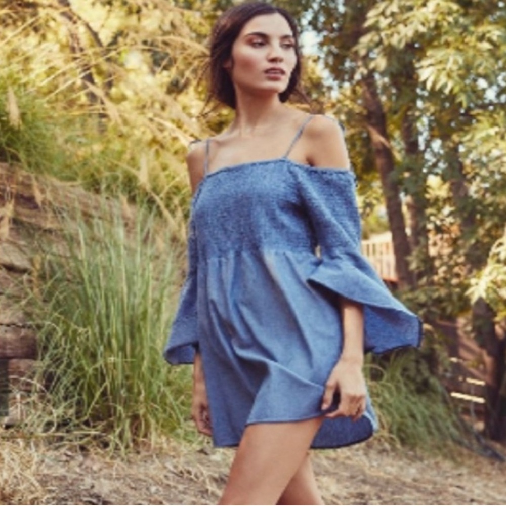 ADORABLE TULAROSA CHAMBRAY DRESS SMOCKED WITH BELL SLEEVES
